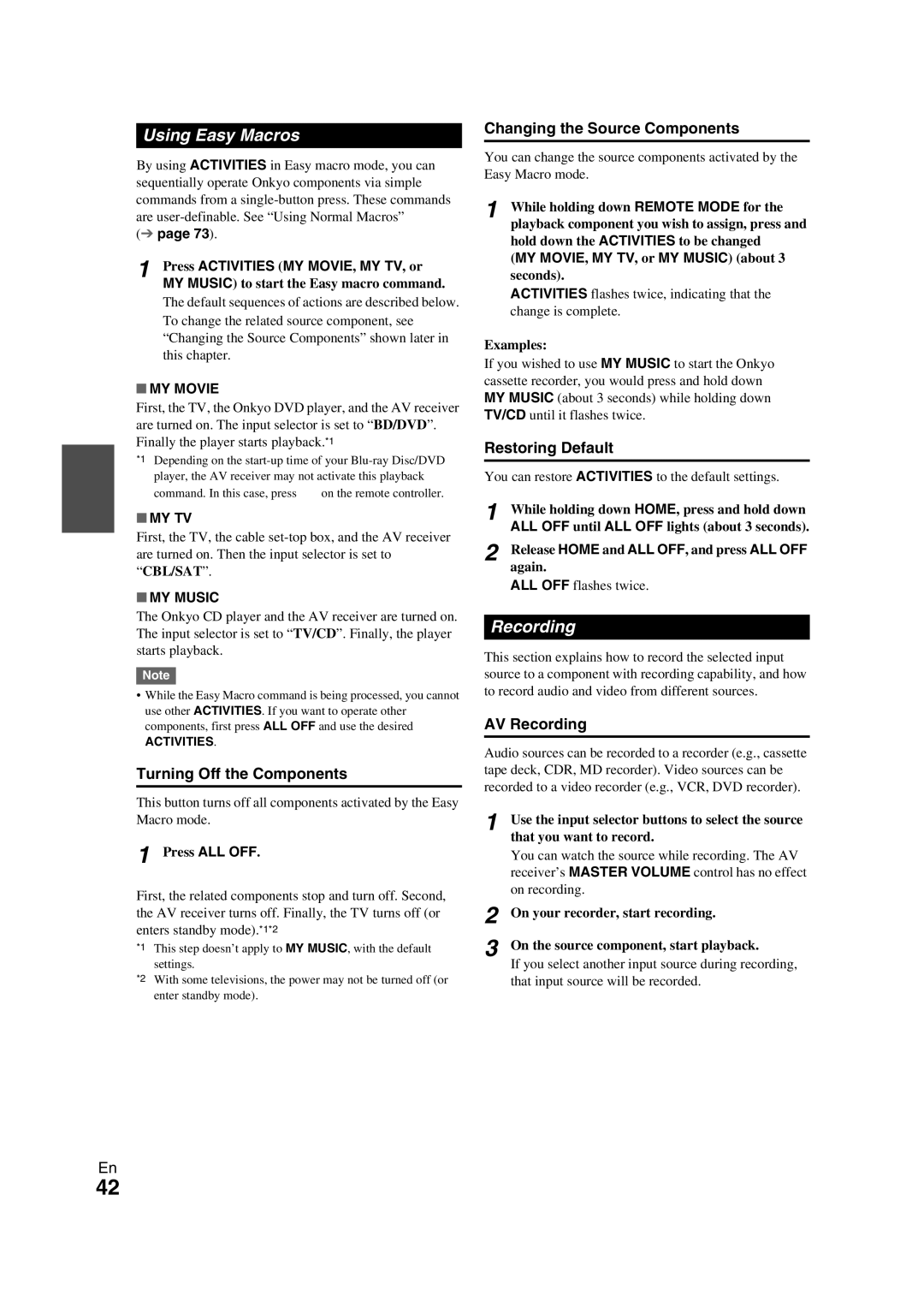 Onkyo TX-NR709 instruction manual Using Easy Macros, Recording 