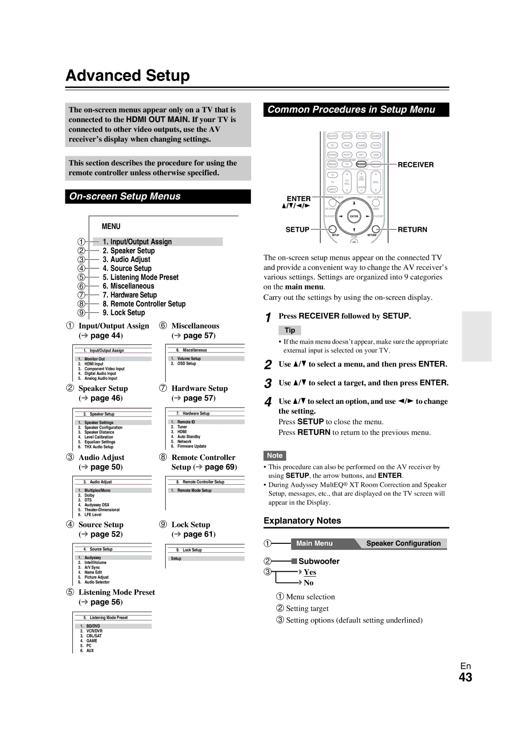 Onkyo TX-NR709 instruction manual Advanced Setup, On-screen Setup Menus, Common Procedures in Setup Menu, Explanatory Notes 