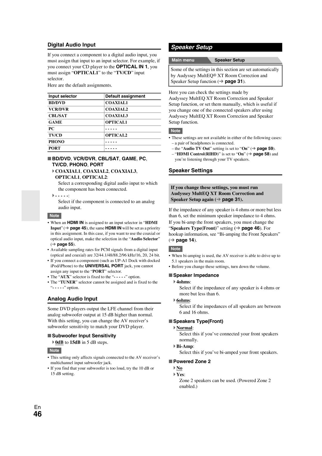 Onkyo TX-NR709 instruction manual Speaker Setup, Digital Audio Input, Analog Audio Input, Speaker Settings 