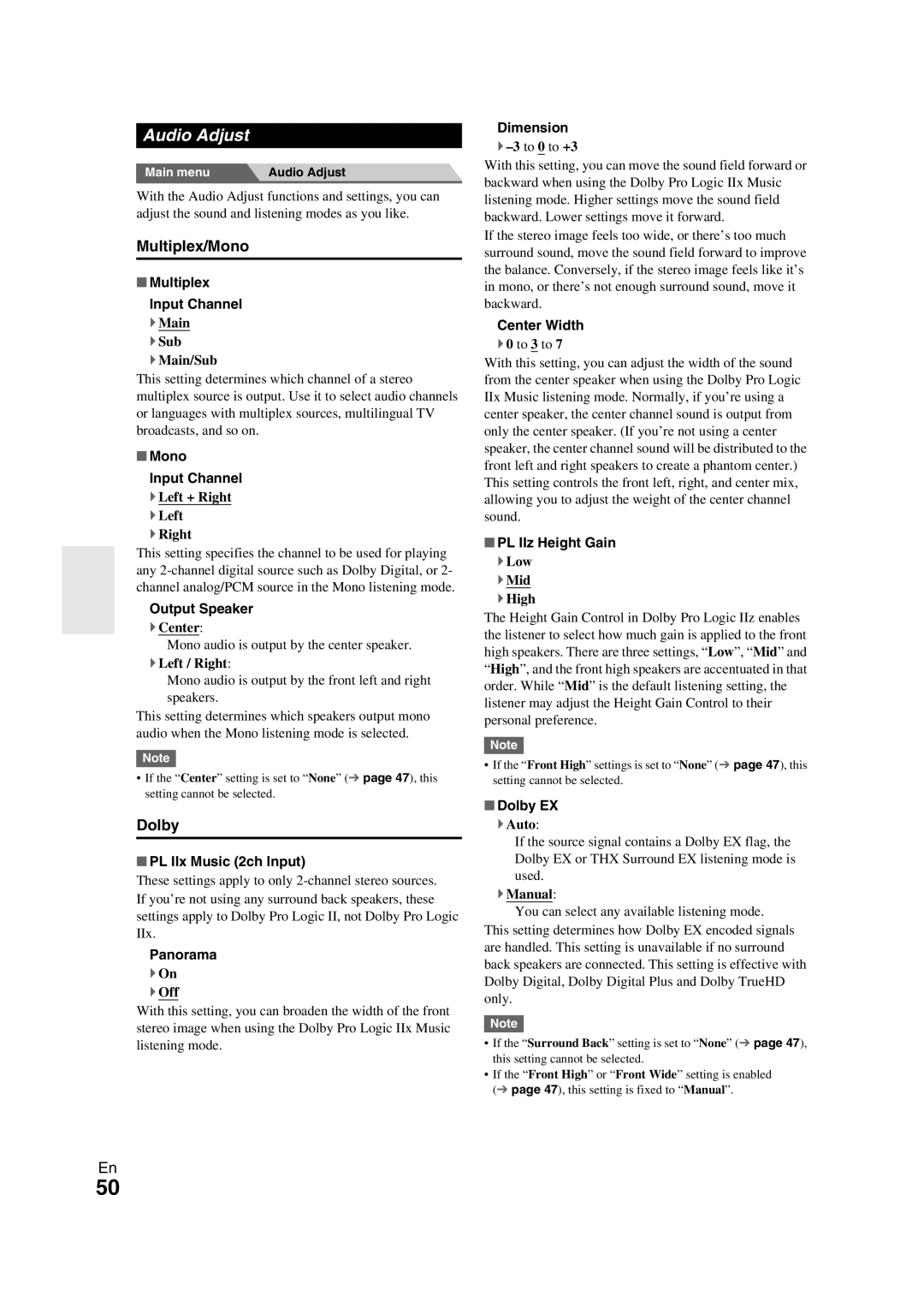 Onkyo TX-NR709 instruction manual Audio Adjust, Multiplex/Mono, Dolby 