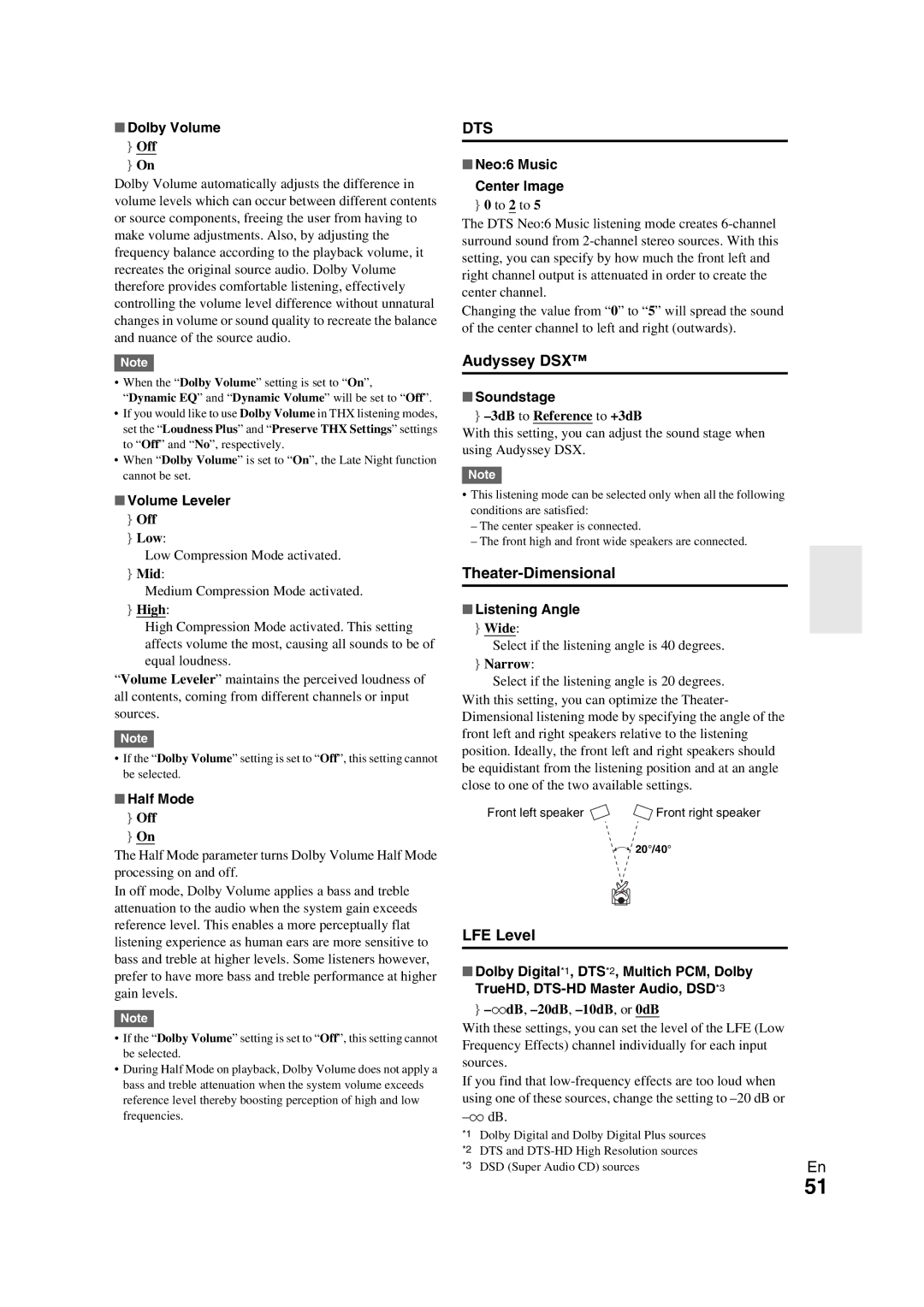 Onkyo TX-NR709 instruction manual Audyssey DSX, Theater-Dimensional, LFE Level 