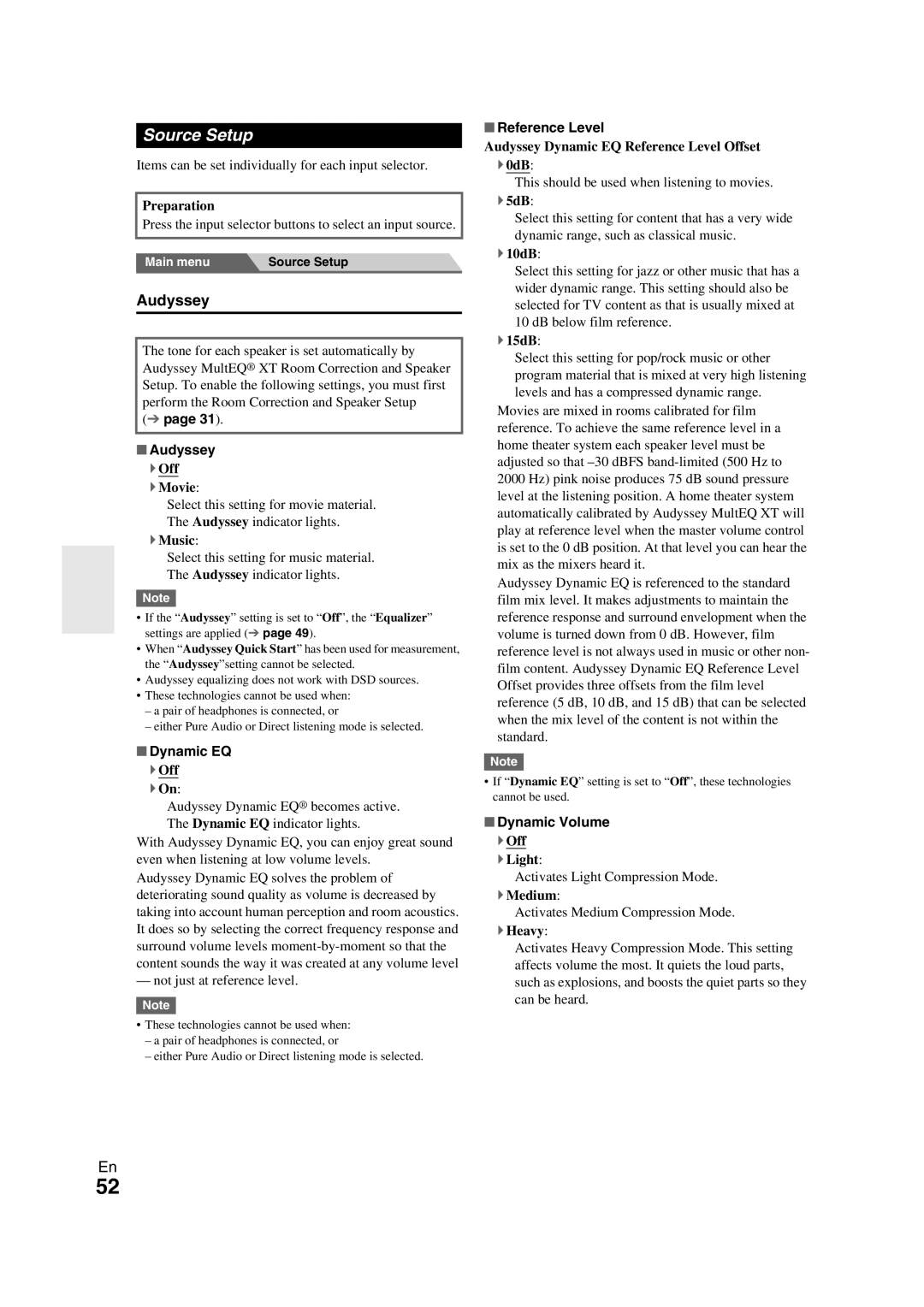 Onkyo TX-NR709 instruction manual Source Setup, Audyssey 