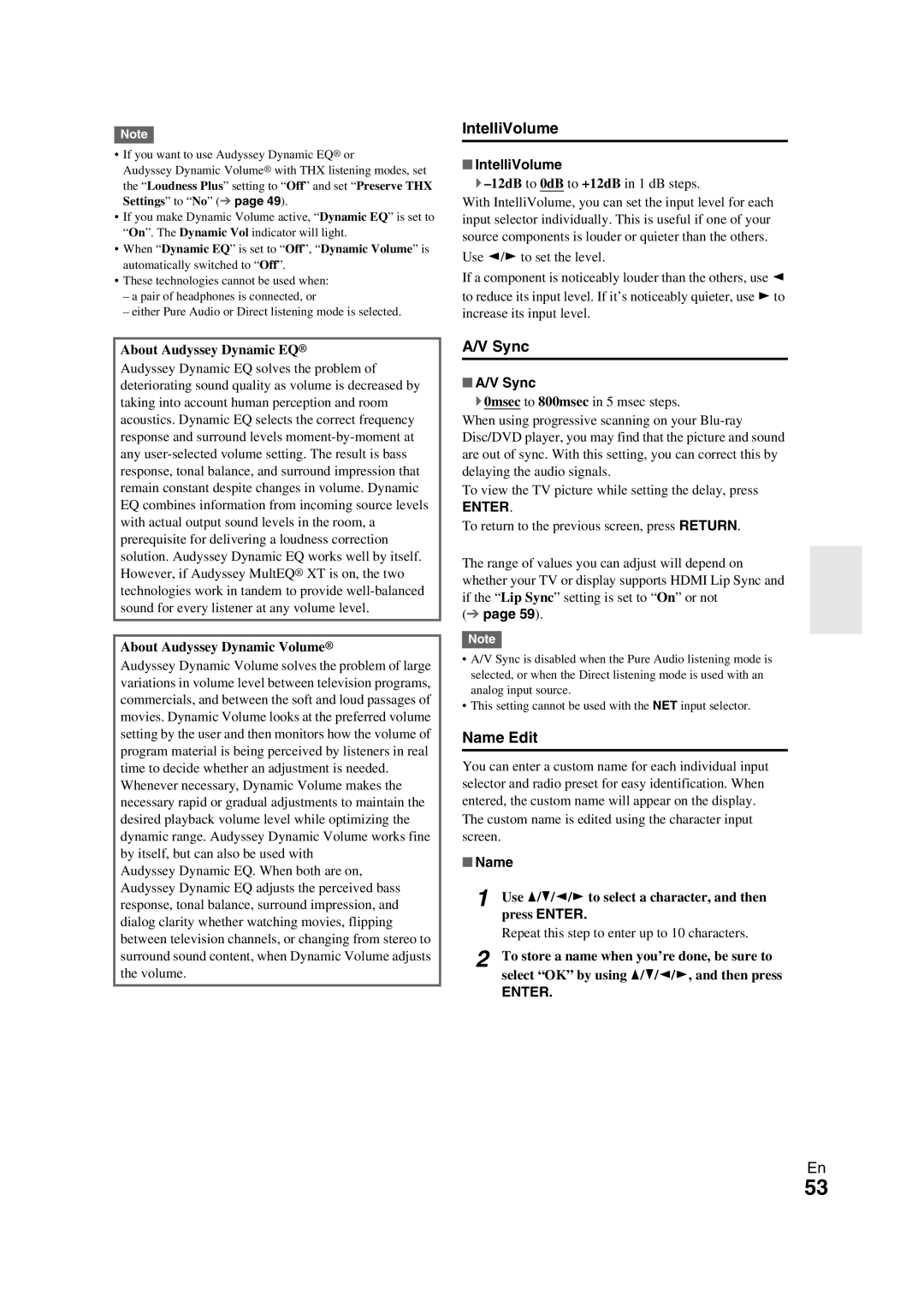 Onkyo TX-NR709 instruction manual IntelliVolume, Sync, Name Edit 