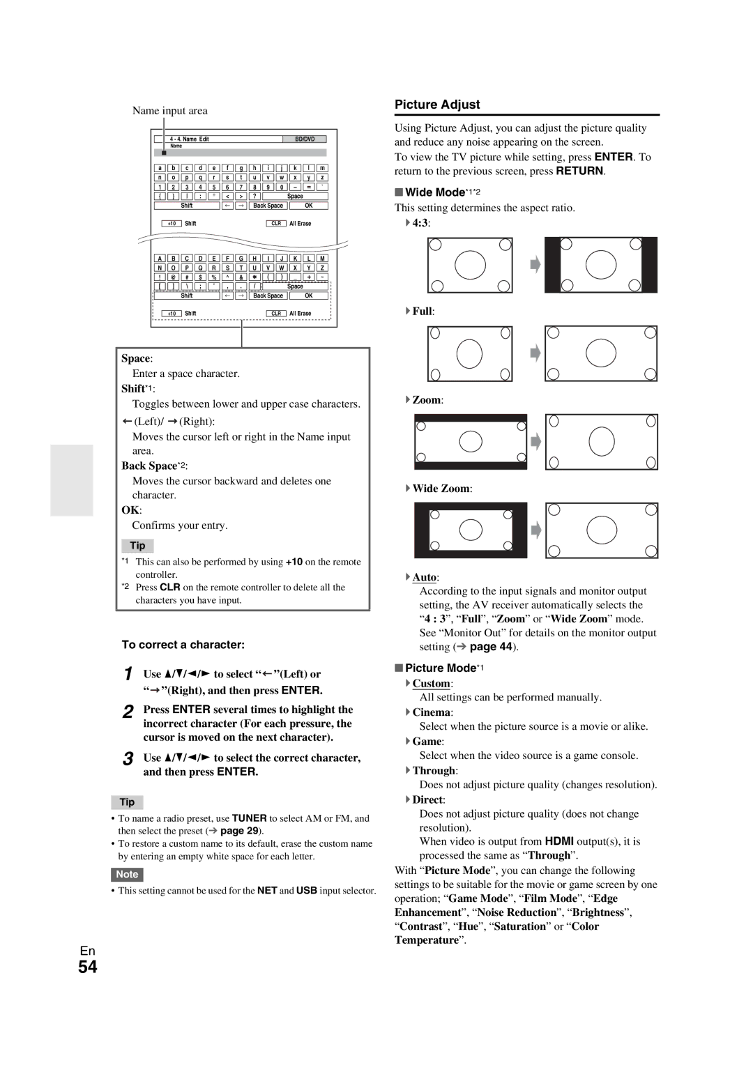 Onkyo TX-NR709 instruction manual Picture Adjust, To correct a character, Wide Mode*1*2, Picture Mode*1 