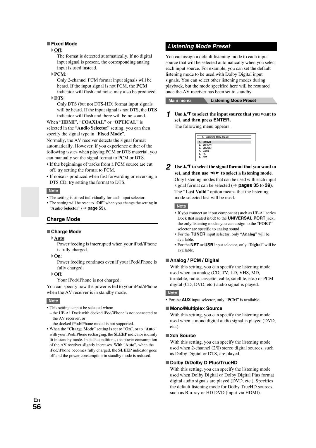 Onkyo TX-NR709 instruction manual Listening Mode Preset, Charge Mode 