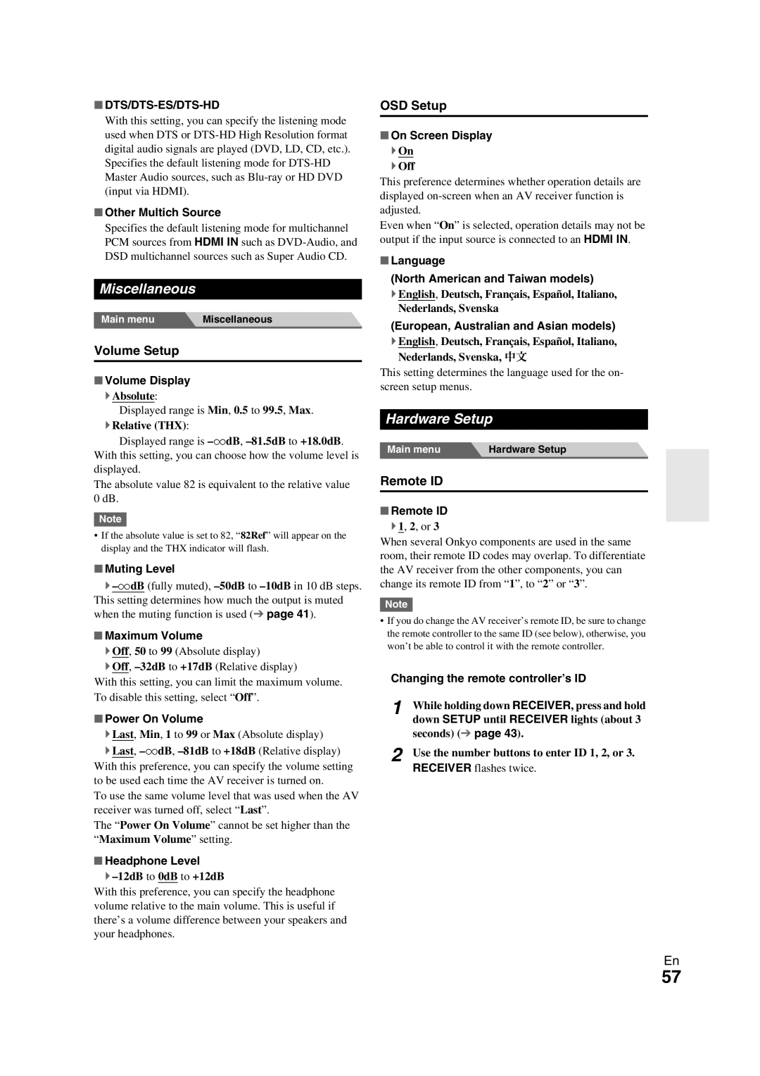 Onkyo TX-NR709 instruction manual Miscellaneous, Hardware Setup, Volume Setup, OSD Setup, Remote ID 