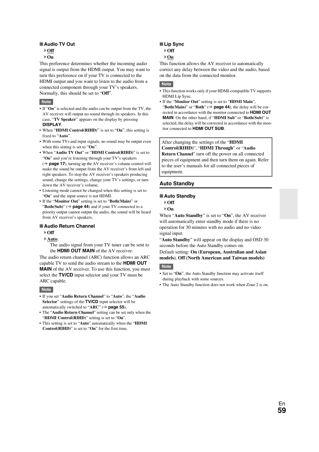 Onkyo TX-NR709 instruction manual Auto Standby, Audio TV Out, Audio Return Channel, Lip Sync 