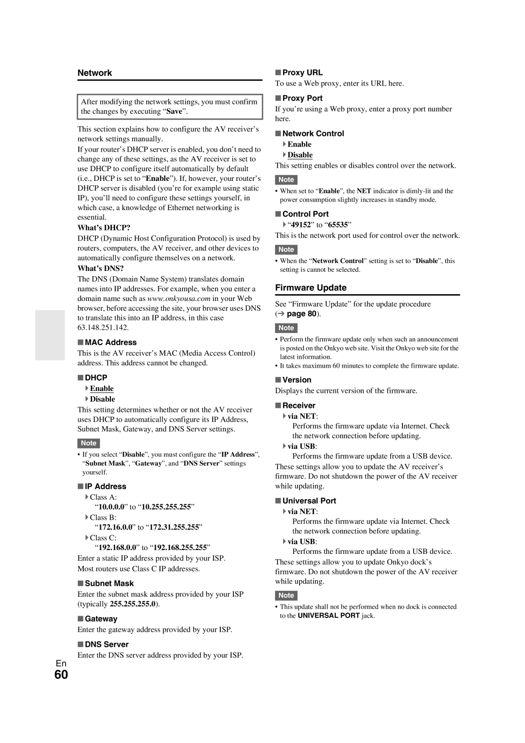 Onkyo TX-NR709 instruction manual Network, Firmware Update, Dhcp 