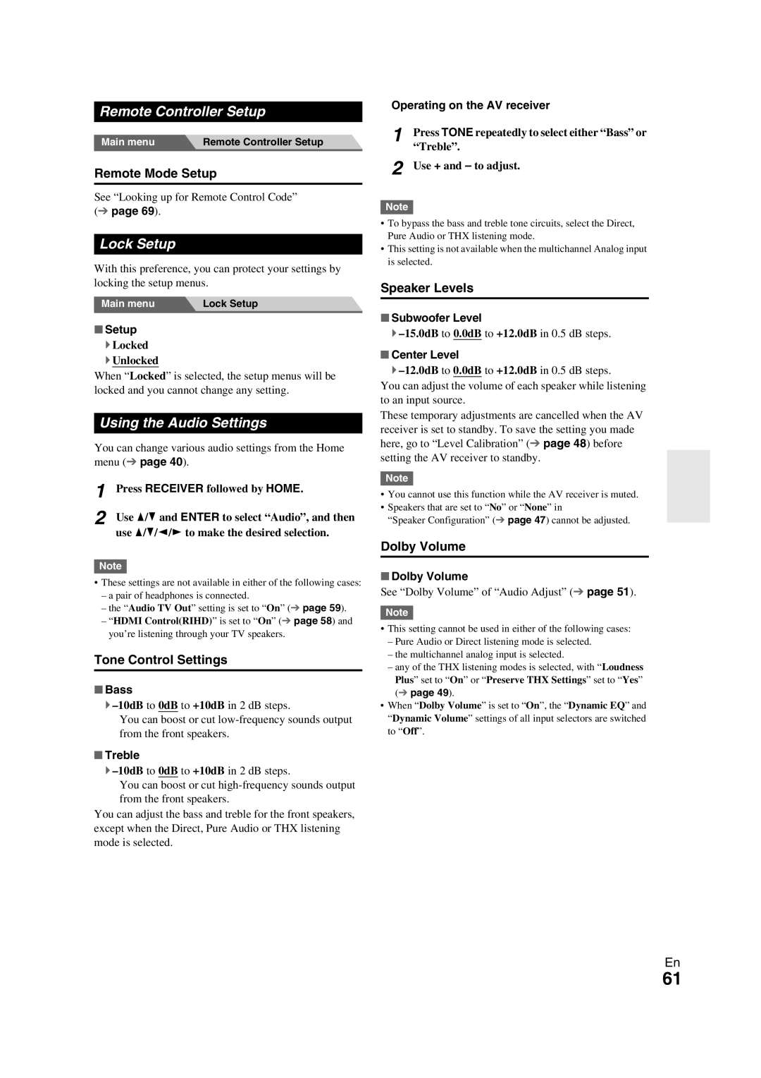 Onkyo TX-NR709 instruction manual Remote Controller Setup, Lock Setup, Using the Audio Settings 