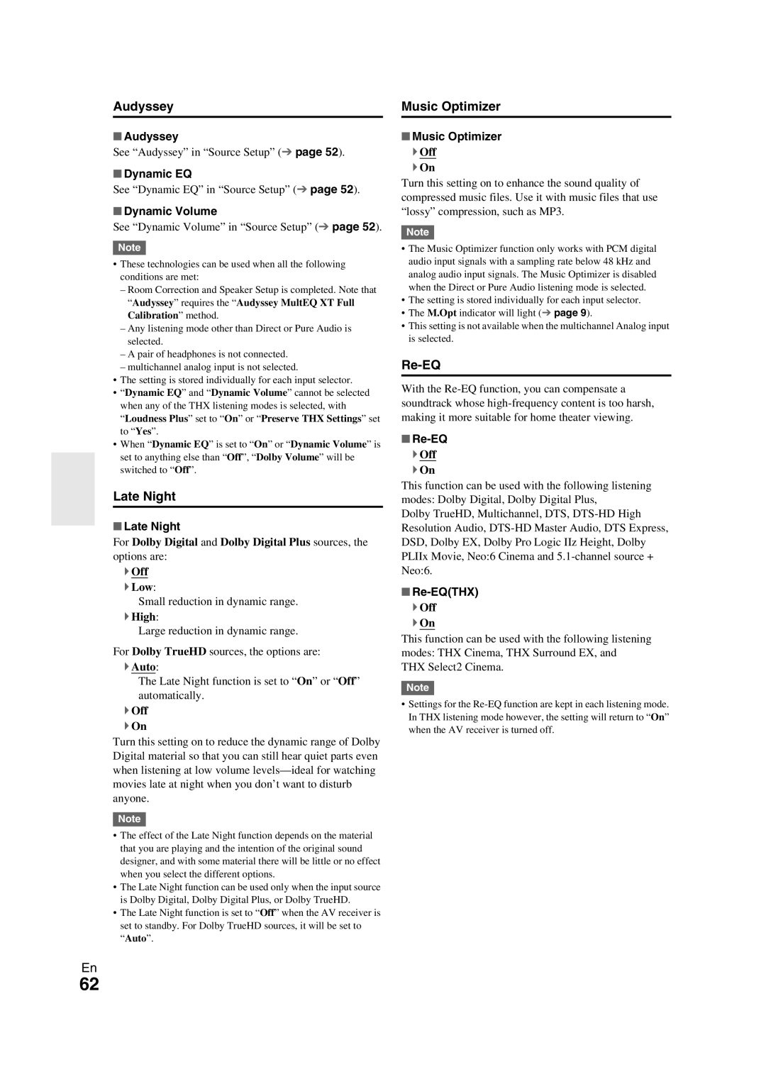 Onkyo TX-NR709 instruction manual Audyssey Music Optimizer, Late Night, Re-EQ 