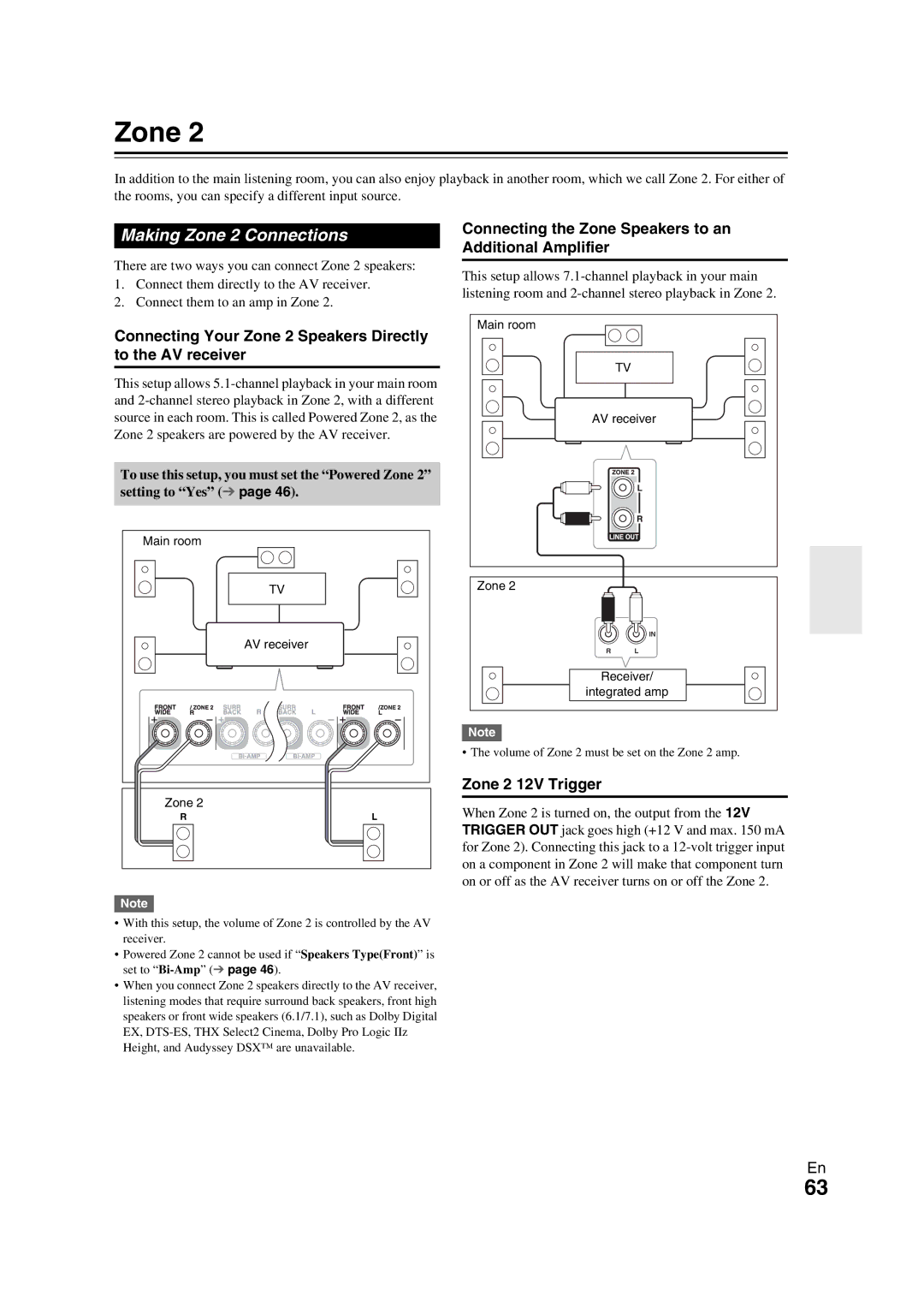 Onkyo TX-NR709 Making Zone 2 Connections, Connecting Your Zone 2 Speakers Directly to the AV receiver 