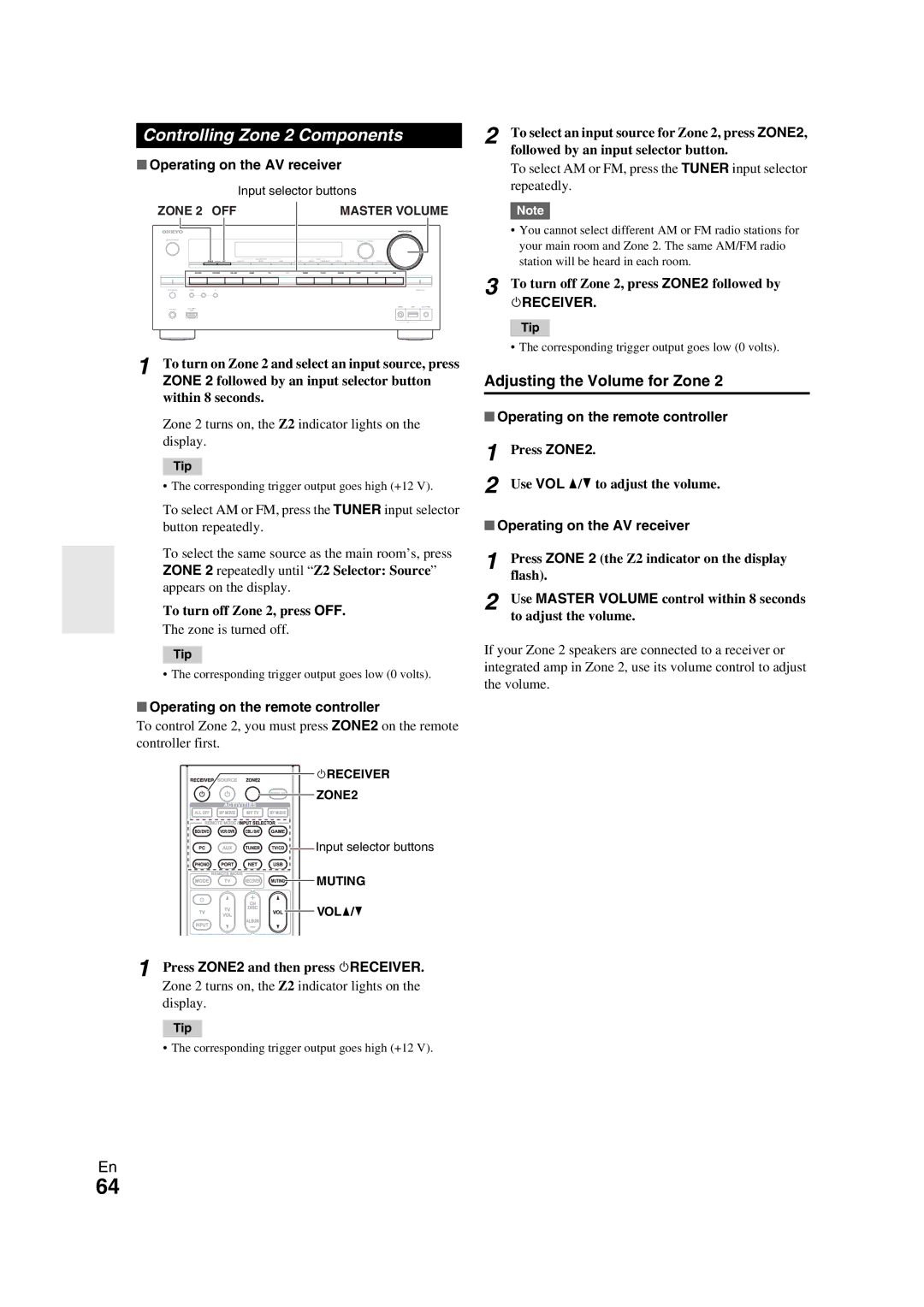 Onkyo TX-NR709 Controlling Zone 2 Components, Adjusting the Volume for Zone, Operating on the remote controller 