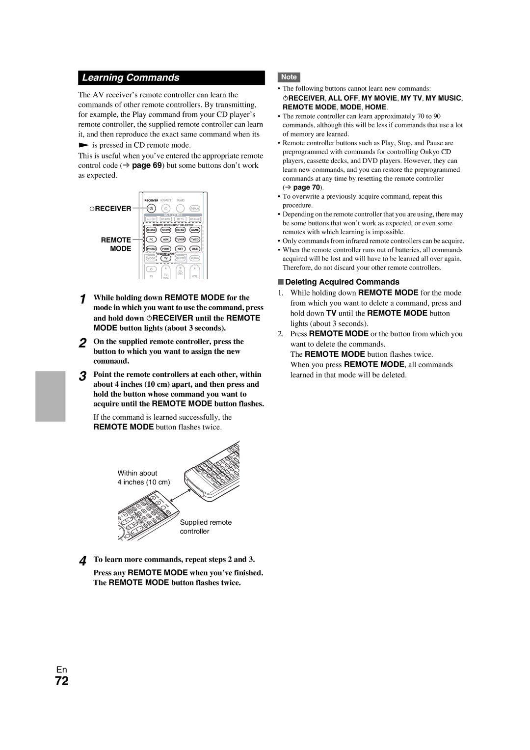 Onkyo TX-NR709 Learning Commands, Deleting Acquired Commands, Remote, Following buttons cannot learn new commands 