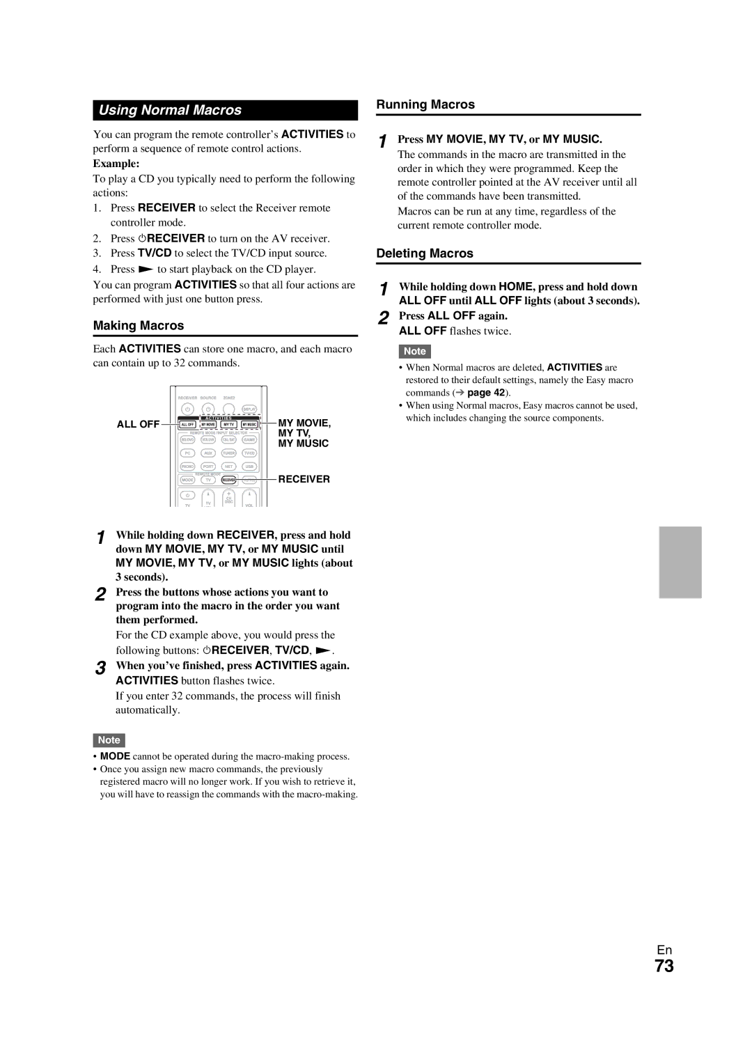 Onkyo TX-NR709 instruction manual Using Normal Macros, Making Macros, Running Macros, Deleting Macros 