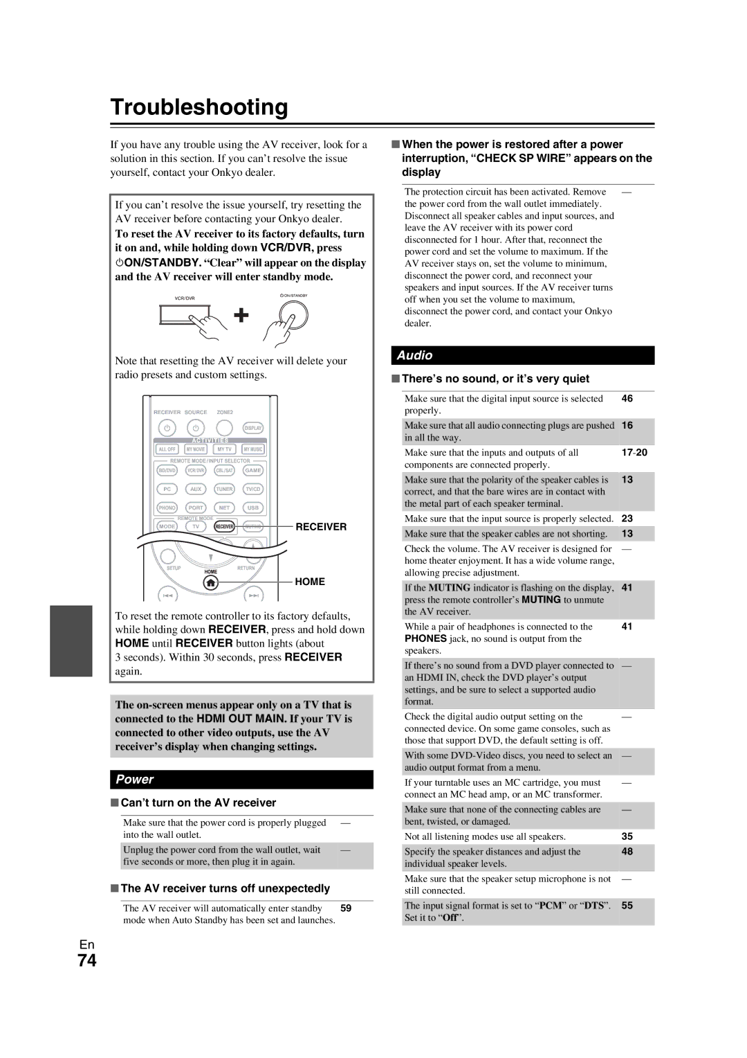 Onkyo TX-NR709 instruction manual Troubleshooting, Power, Audio 