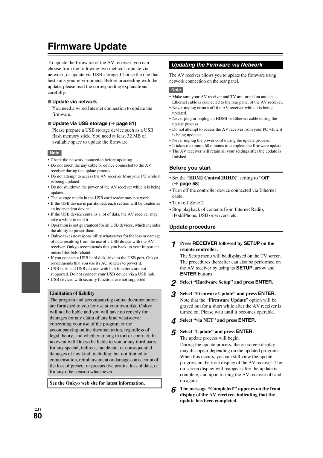 Onkyo TX-NR709 instruction manual Firmware Update, Updating the Firmware via Network, Before you start, Update procedure 