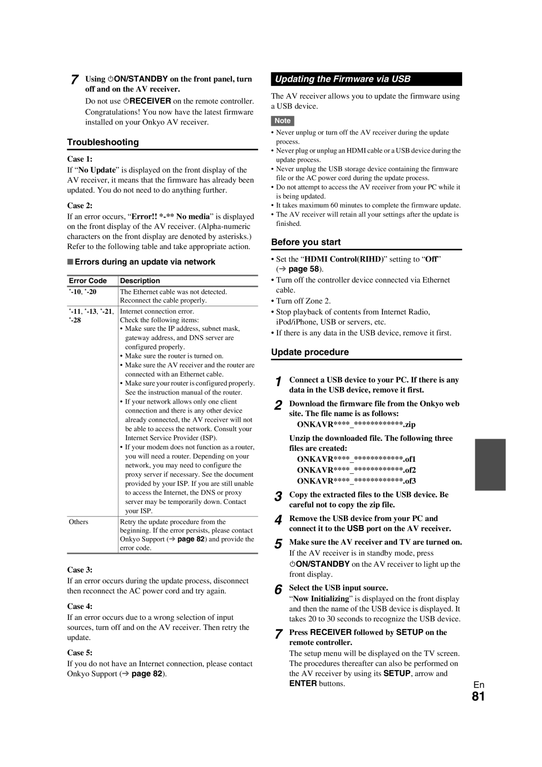 Onkyo TX-NR709 instruction manual Troubleshooting, Updating the Firmware via USB, Case, Errors during an update via network 