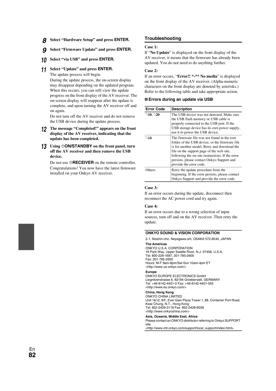 Onkyo TX-NR709 instruction manual Errors during an update via USB, Onkyo Sound & Vision Corporation 