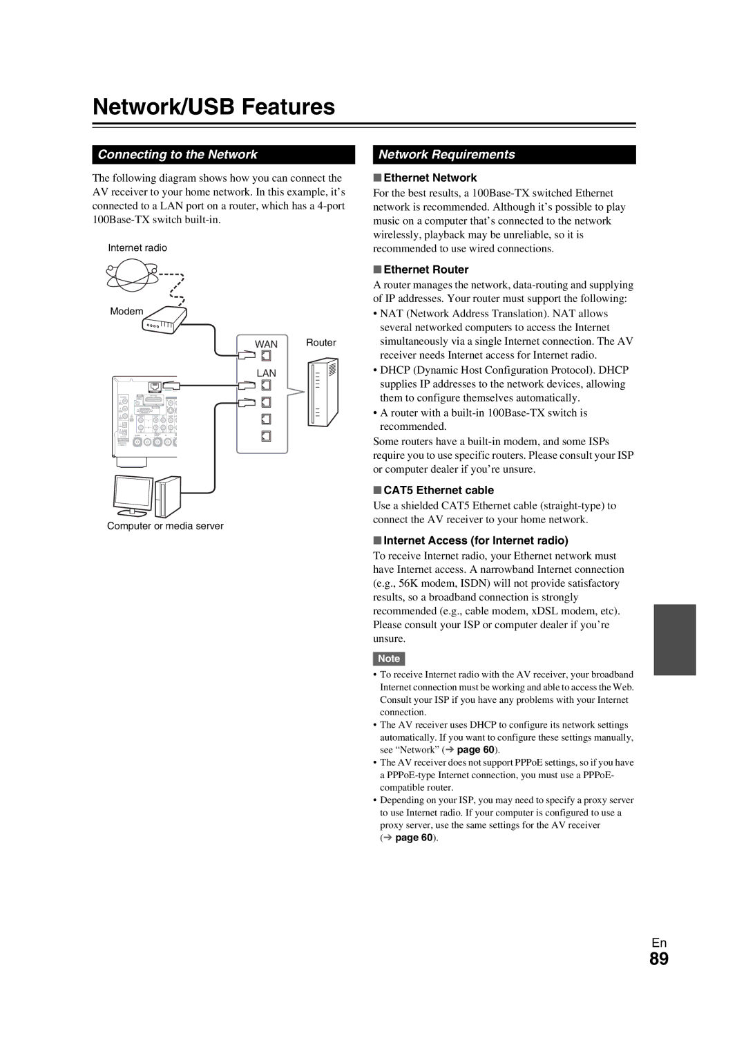 Onkyo TX-NR709 instruction manual Network/USB Features, Connecting to the Network, Network Requirements 