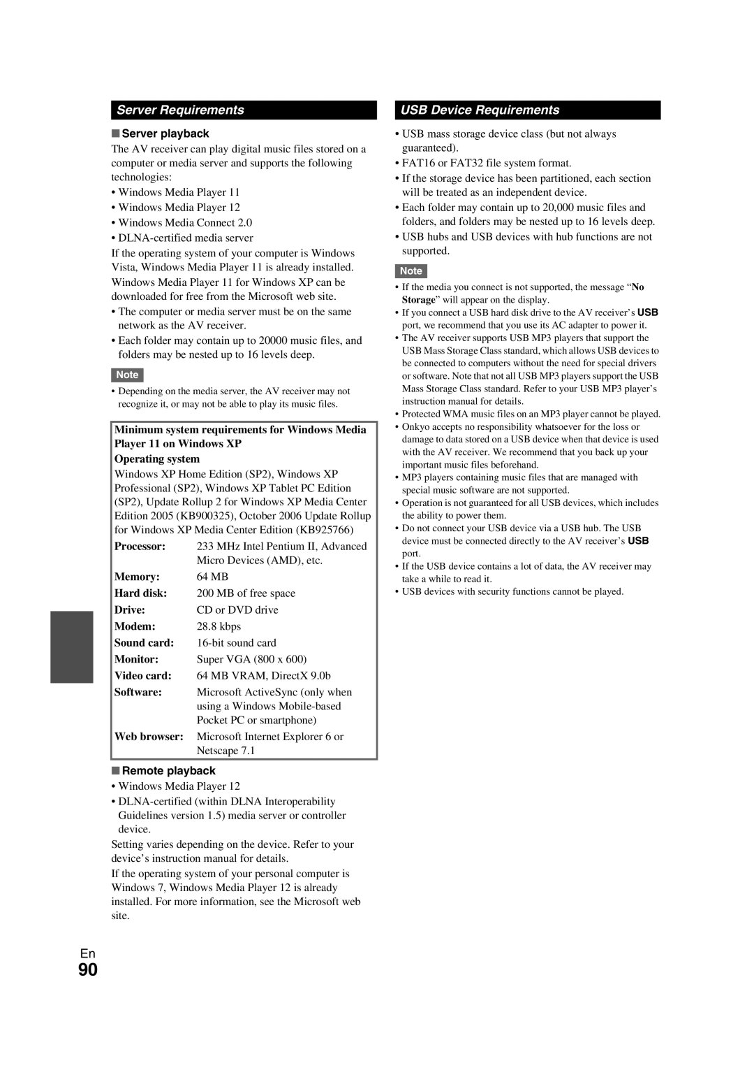 Onkyo TX-NR709 instruction manual Server Requirements, USB Device Requirements, Server playback, Remote playback 