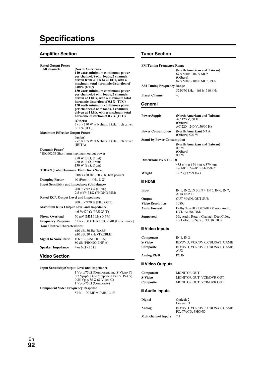 Onkyo TX-NR709 instruction manual Specifications, Amplifier Section Tuner Section, Video Section, General, Hdmi 