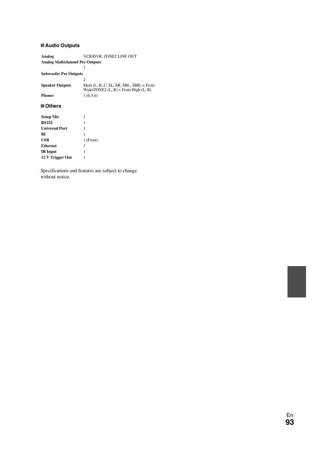 Onkyo TX-NR709 instruction manual Audio Outputs, Others 