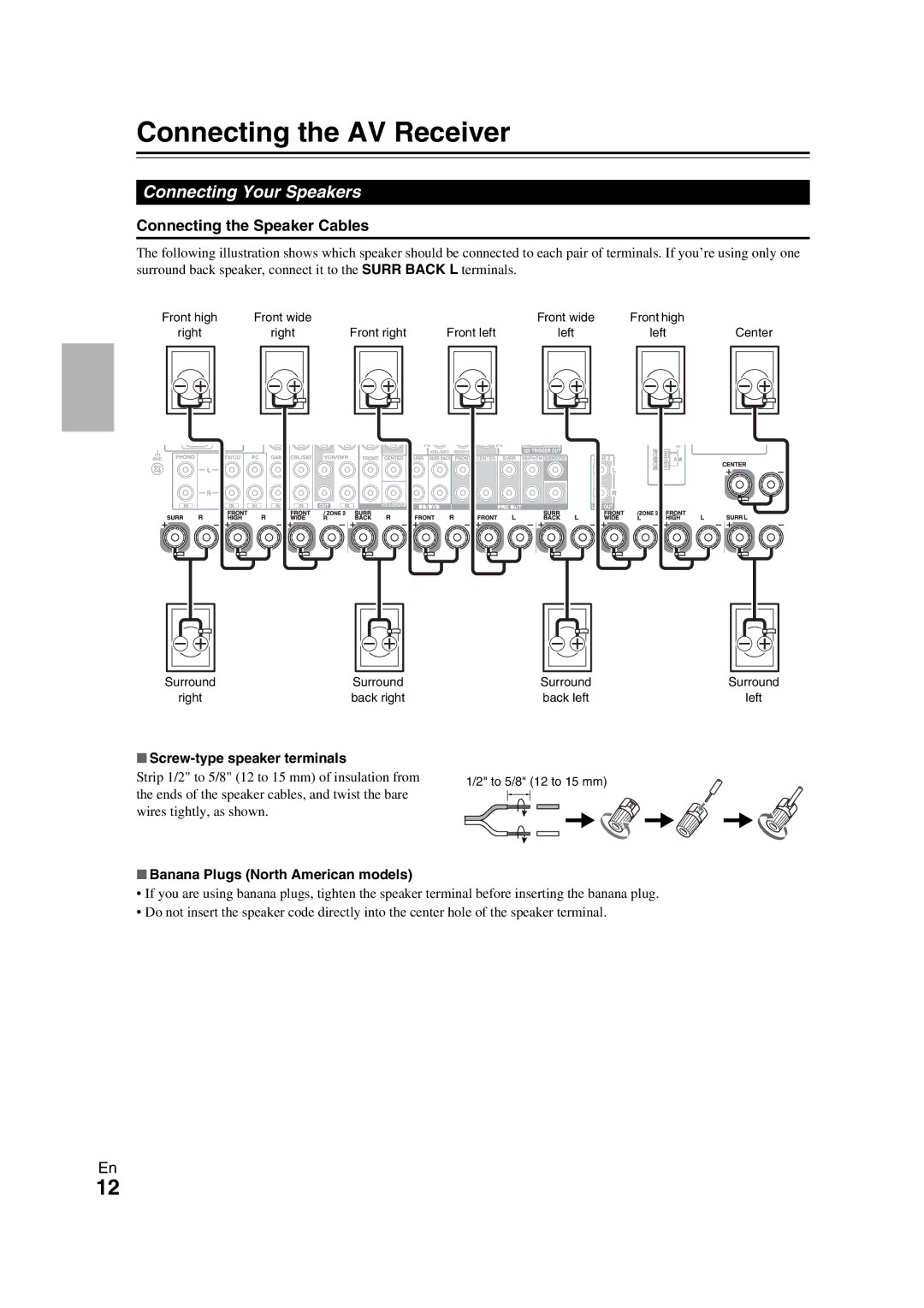 Onkyo TX-NR709 instruction manual Connecting the AV Receiver, Connecting Your Speakers, Connecting the Speaker Cables 