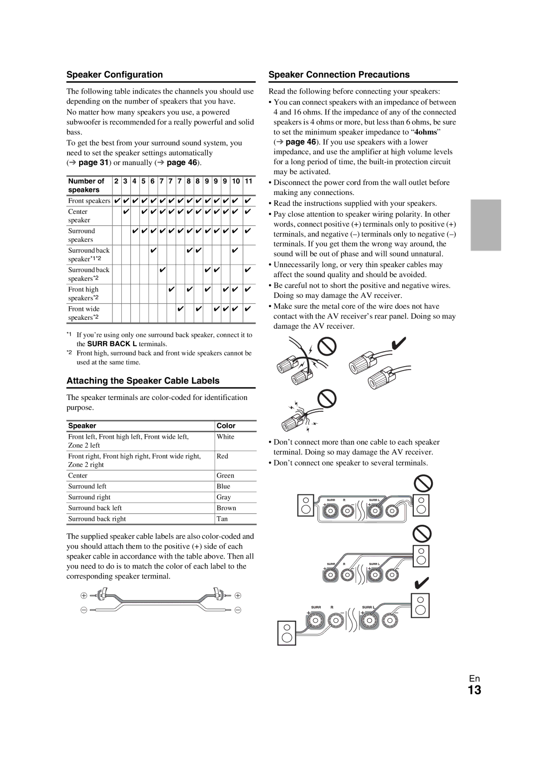 Onkyo TX-NR709 Speaker Configuration, Attaching the Speaker Cable Labels, Speaker Connection Precautions, Number Speakers 