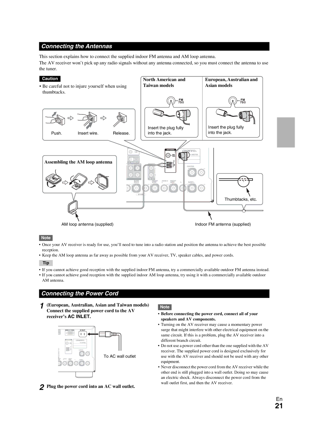 Onkyo TX-NR709 Connecting the Antennas, Connecting the Power Cord, Taiwan models, Assembling the AM loop antenna 