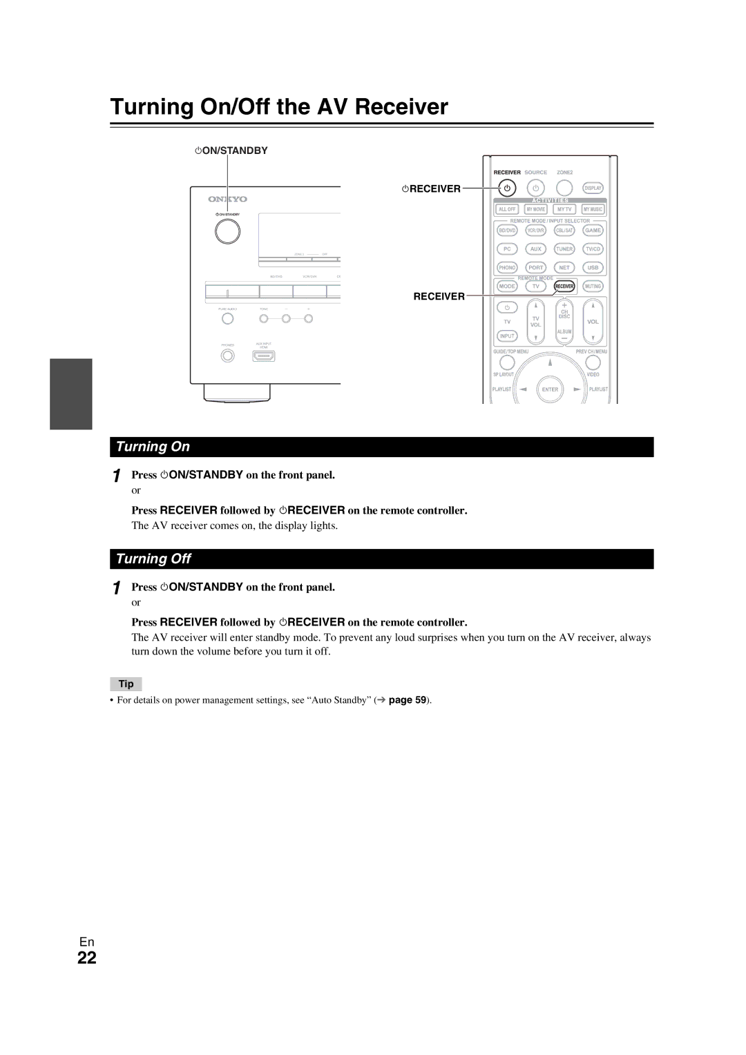 Onkyo TX-NR709 instruction manual Turning On/Off the AV Receiver, Turning Off, AV receiver comes on, the display lights 