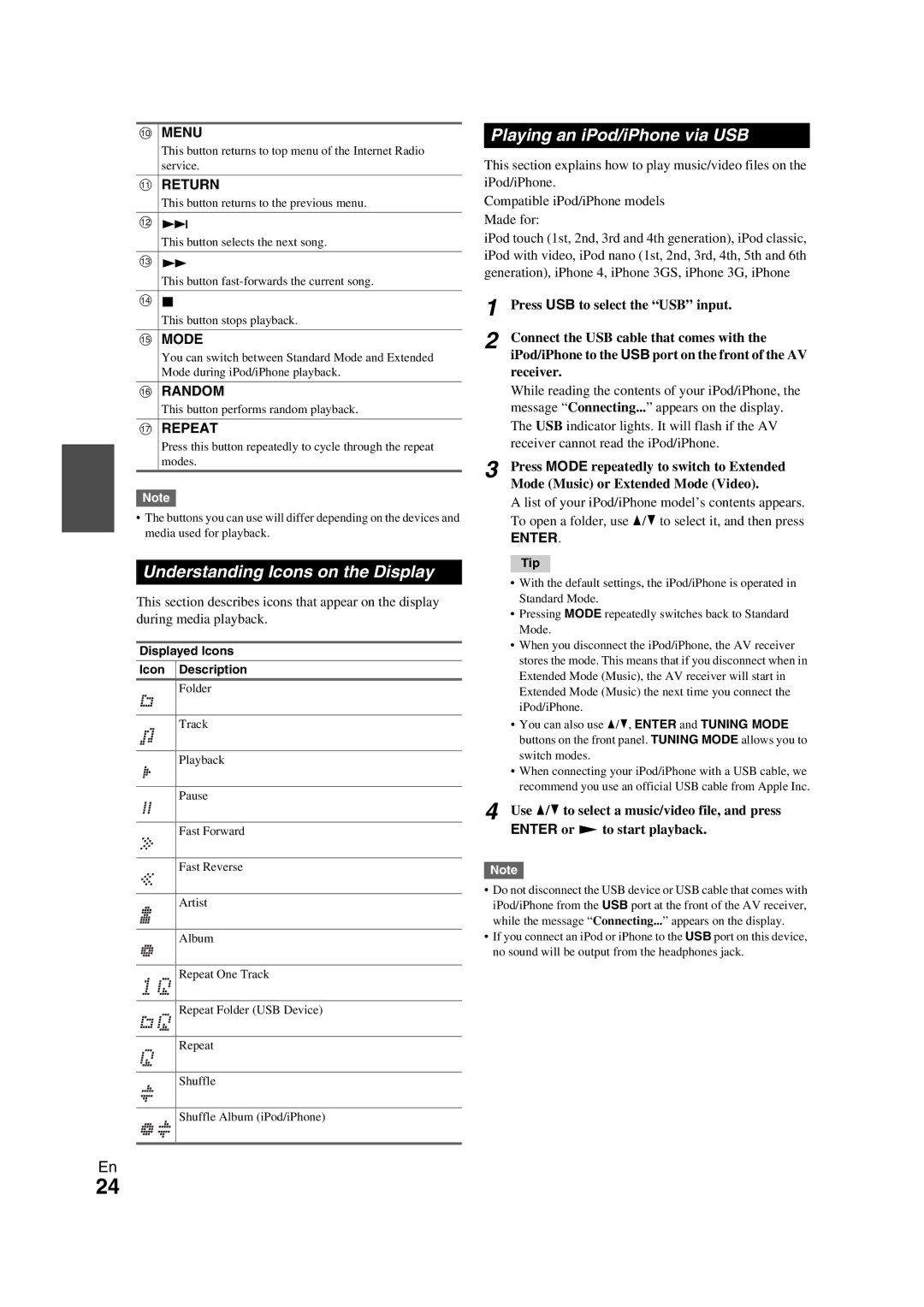 Onkyo TX-NR709 instruction manual Understanding Icons on the Display, Playing an iPod/iPhone via USB, Enter 