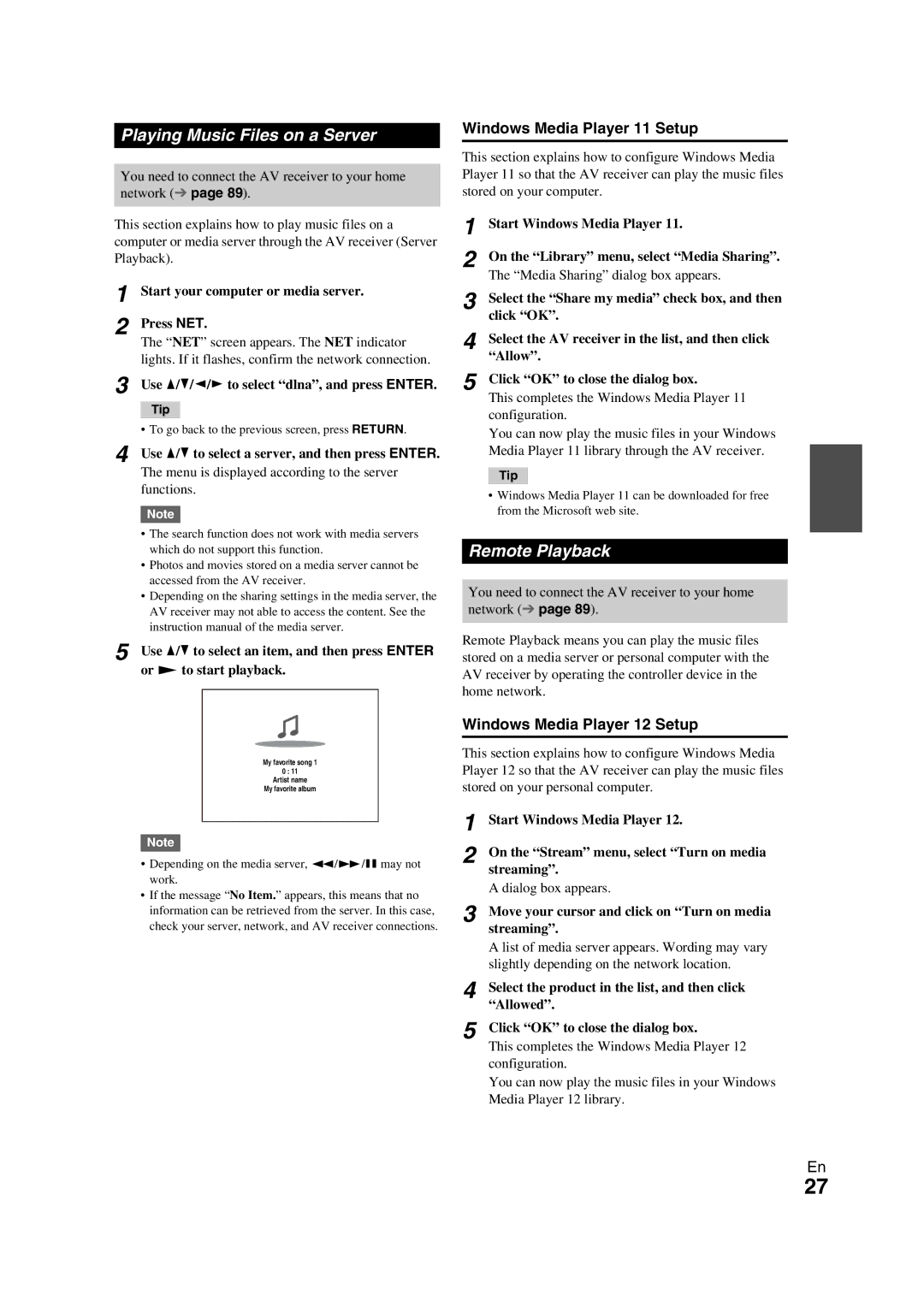 Onkyo TX-NR709 instruction manual Playing Music Files on a Server, Remote Playback, Windows Media Player 11 Setup 