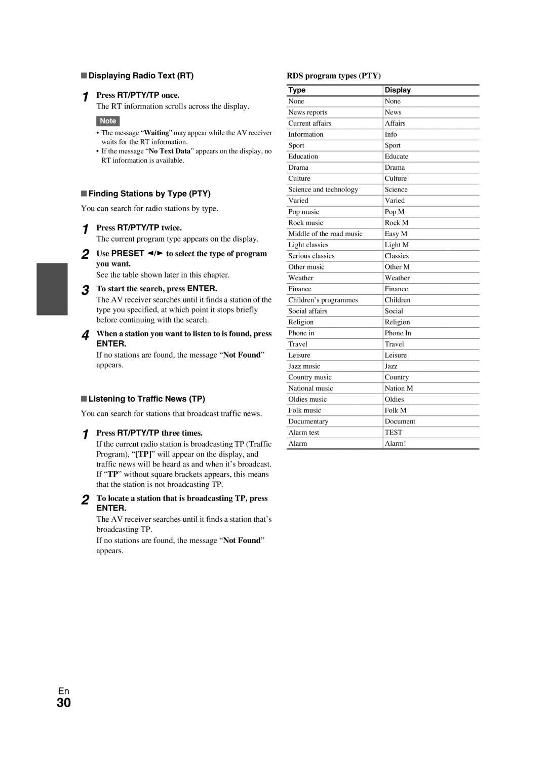 Onkyo TX-NR709 instruction manual Displaying Radio Text RT, Finding Stations by Type PTY, Listening to Traffic News TP 