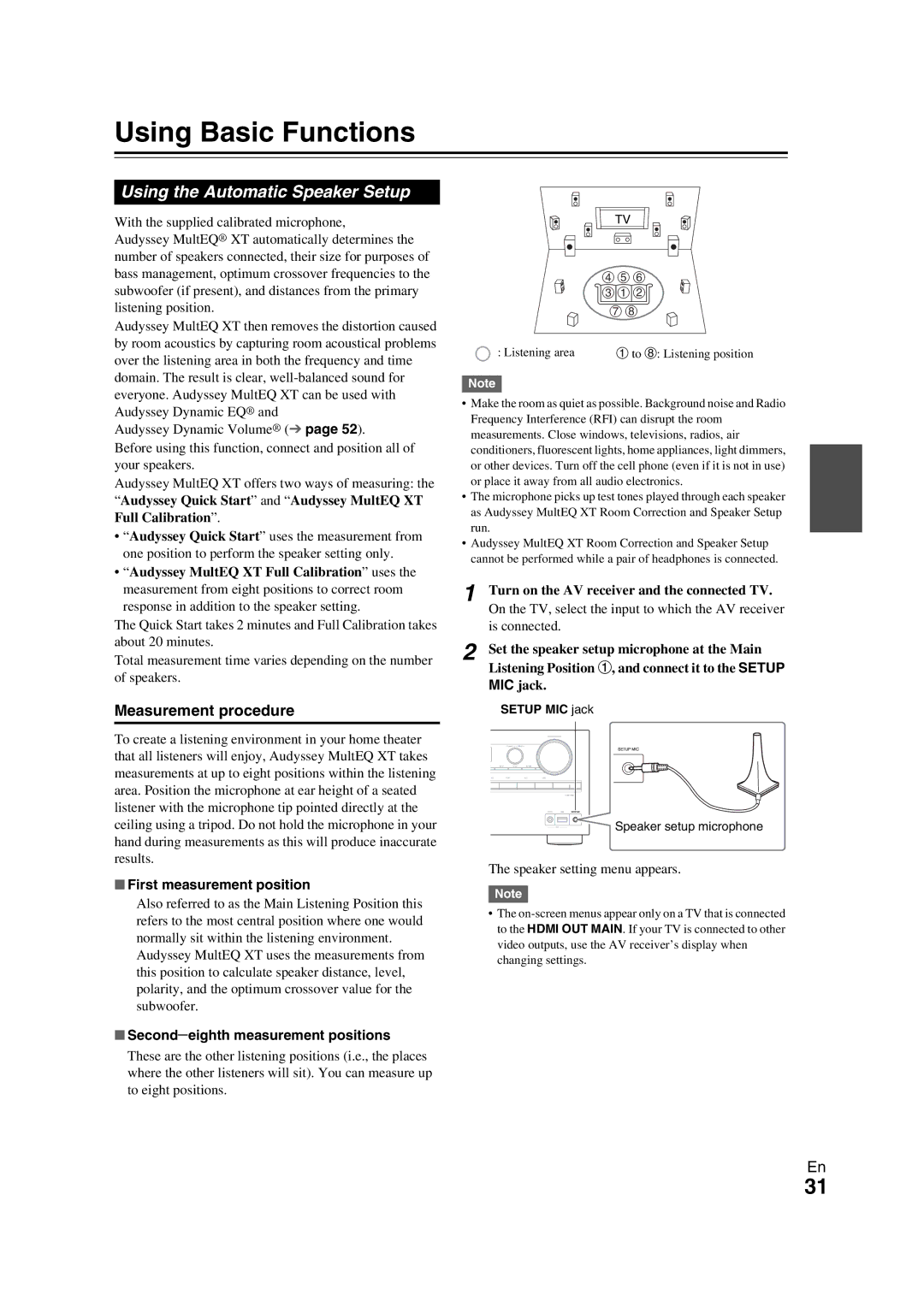 Onkyo TX-NR709 Using Basic Functions, Using the Automatic Speaker Setup, Measurement procedure, First measurement position 