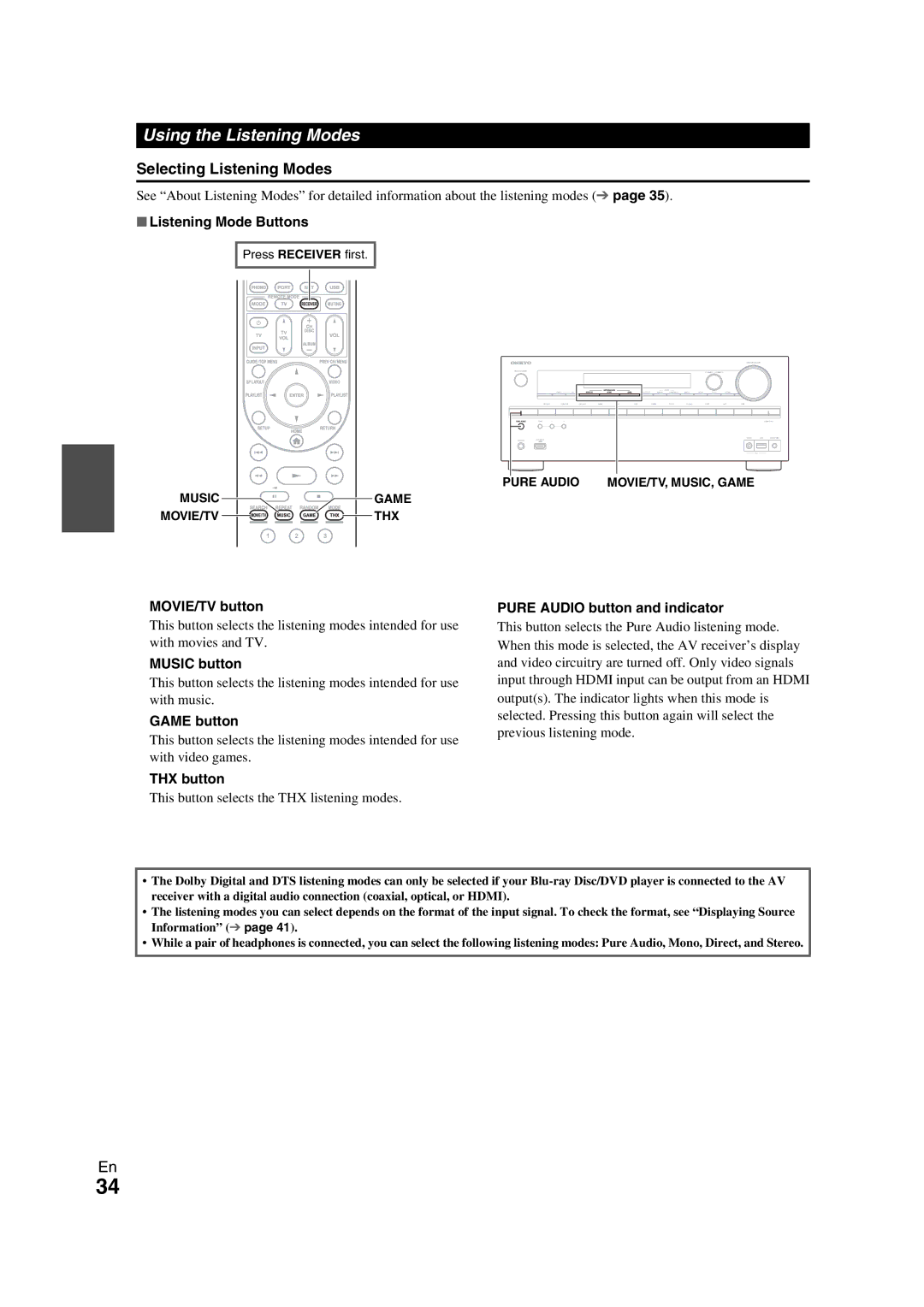 Onkyo TX-NR709 instruction manual Using the Listening Modes, Selecting Listening Modes 