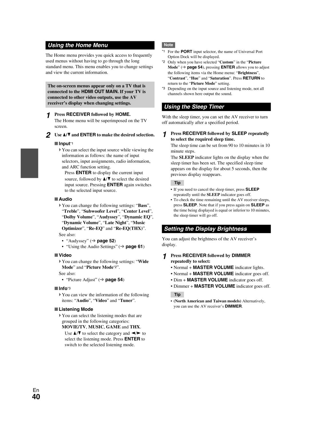 Onkyo TX-NR709 instruction manual Using the Home Menu, Using the Sleep Timer, Setting the Display Brightness 