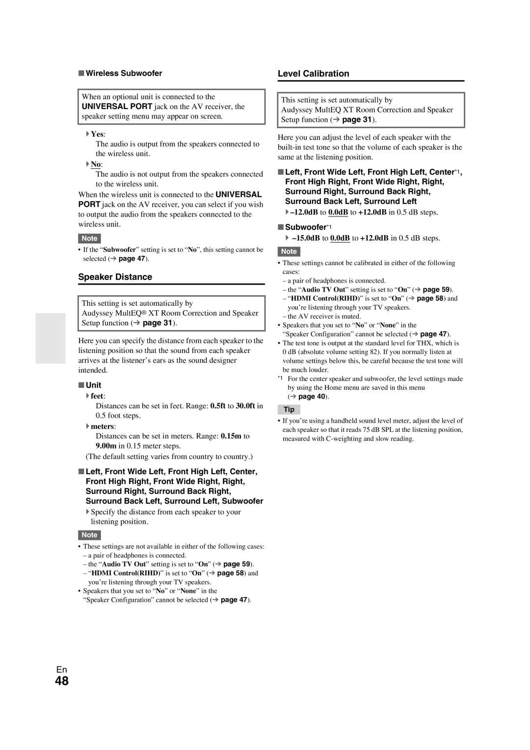 Onkyo TX-NR709 instruction manual Speaker Distance, Level Calibration, Wireless Subwoofer, Unit, Subwoofer*1 