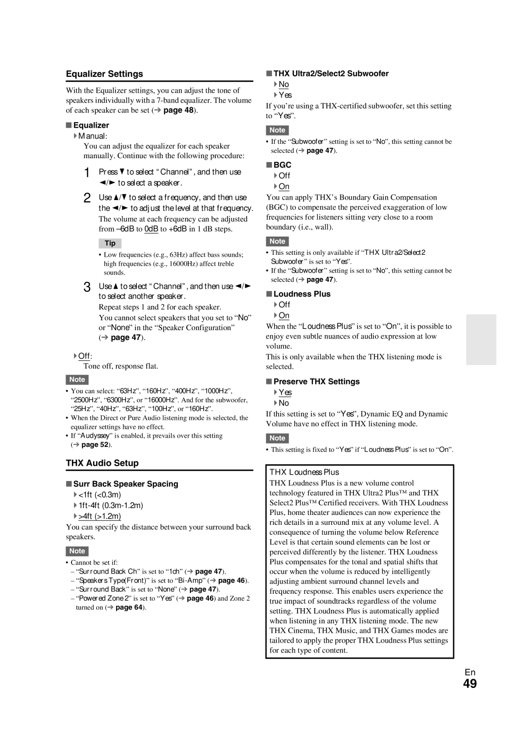 Onkyo TX-NR709 instruction manual Equalizer Settings, THX Audio Setup, Bgc 