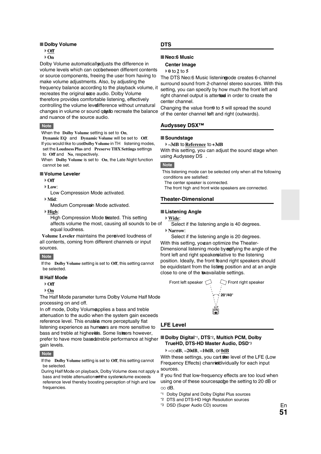 Onkyo TX-NR709 instruction manual Audyssey DSX, Theater-Dimensional, LFE Level 