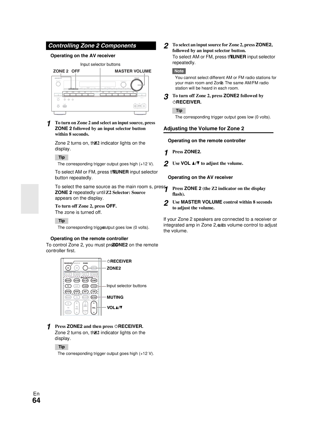 Onkyo TX-NR709 Controlling Zone 2 Components, Adjusting the Volume for Zone, Operating on the remote controller 