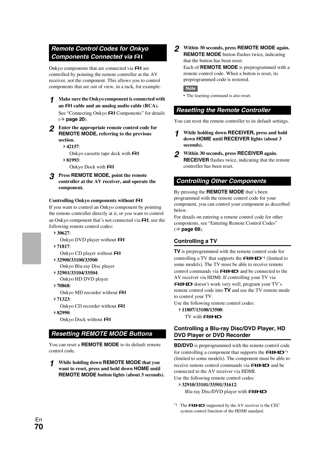 Onkyo TX-NR709 Remote Control Codes for Onkyo Components Connected via u, Resetting Remote Mode Buttons, Controlling a TV 