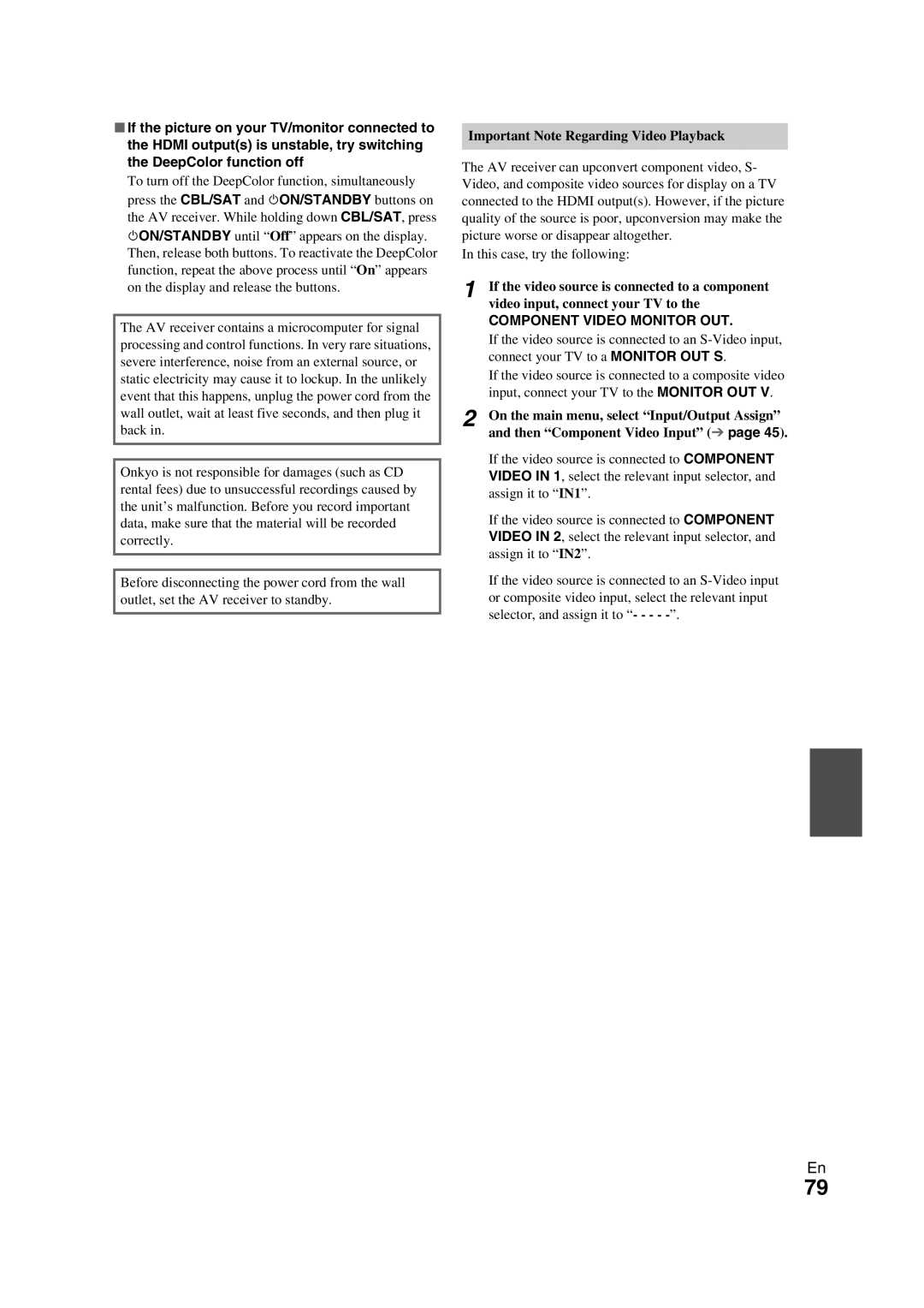 Onkyo TX-NR709 instruction manual Important Note Regarding Video Playback, Component Video Monitor OUT 