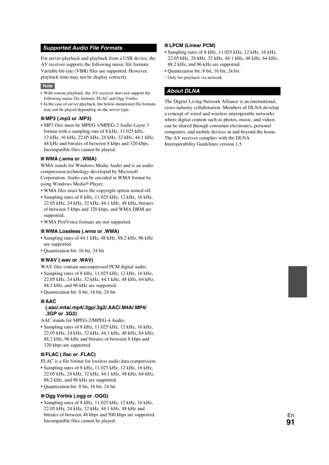 Onkyo TX-NR709 instruction manual Supported Audio File Formats, About Dlna 