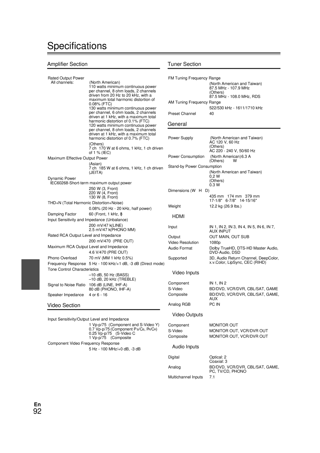 Onkyo TX-NR709 instruction manual Specifications, Amplifier Section Tuner Section, Video Section, General, Hdmi 