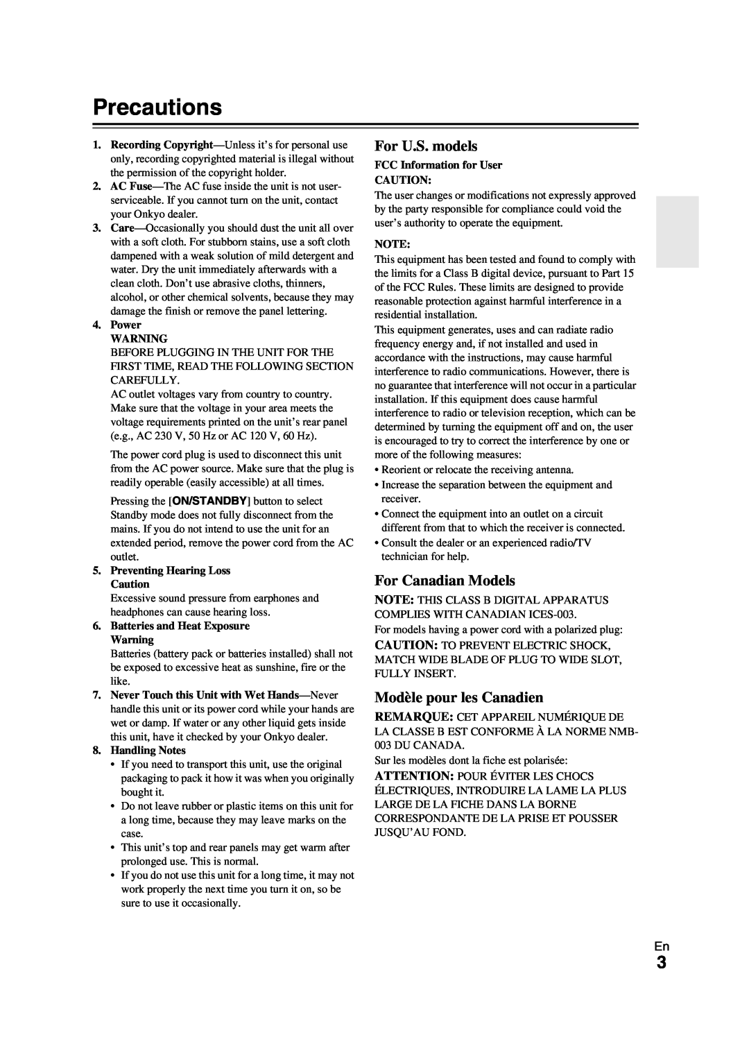 Onkyo TX-NR709 instruction manual Precautions, For U.S. models, For Canadian Models, Modèle pour les Canadien 