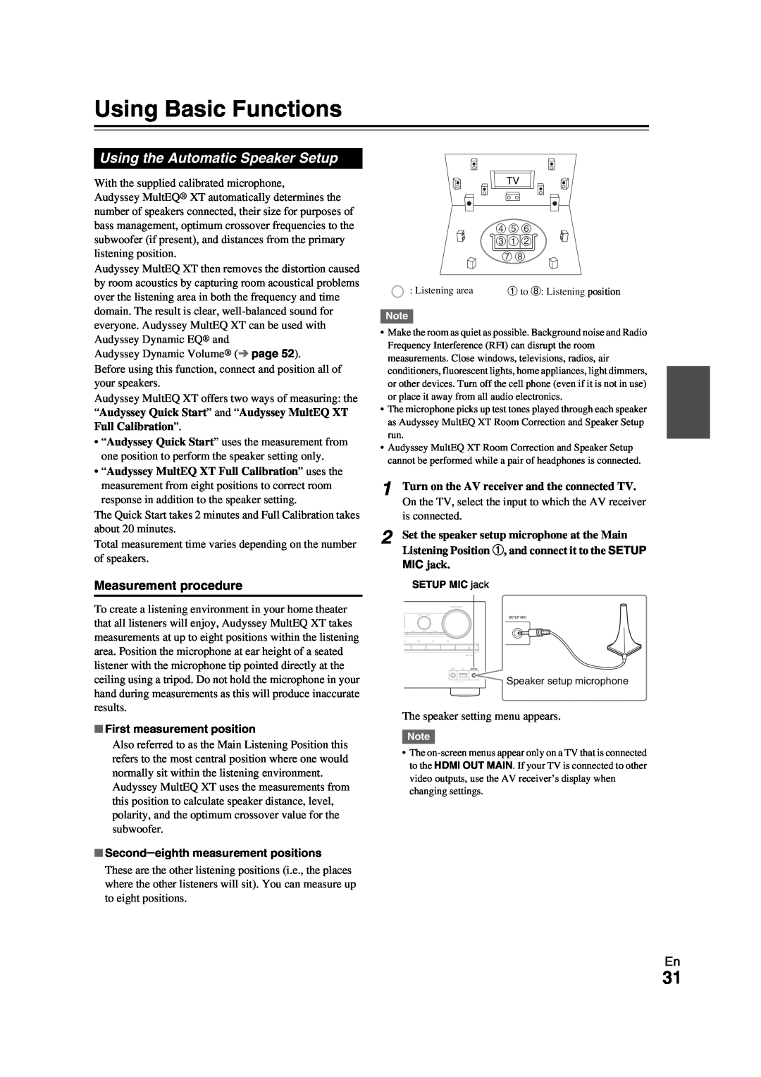 Onkyo TX-NR709 instruction manual Using Basic Functions, Using the Automatic Speaker Setup, First measurement position 