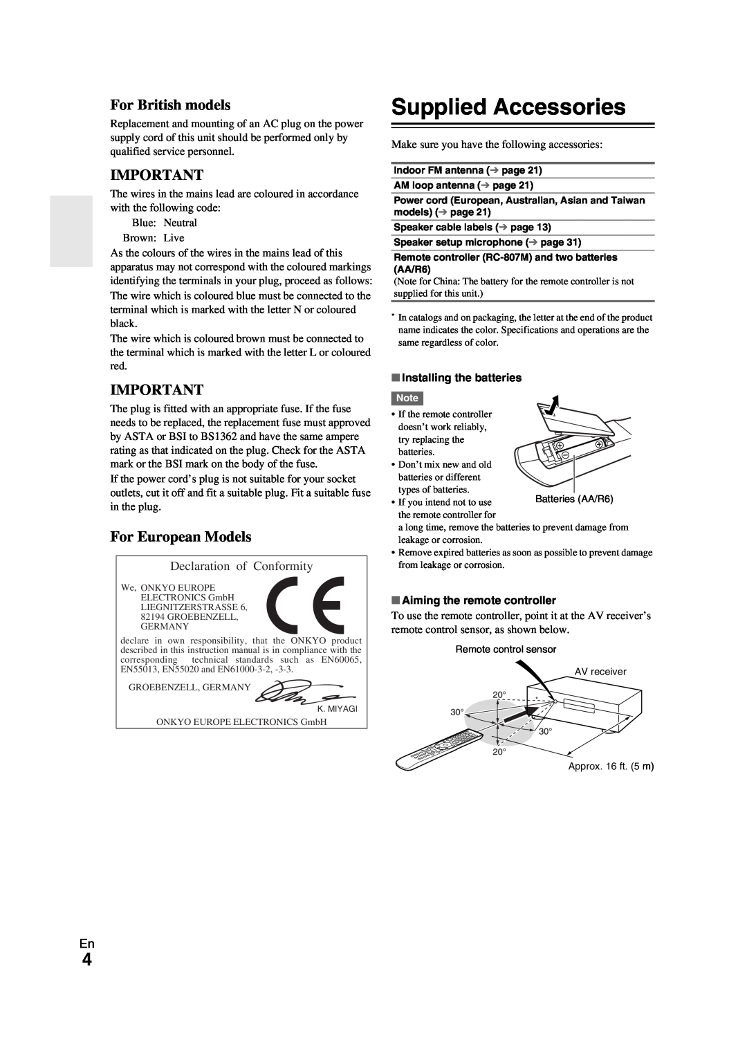 Onkyo TX-NR709 instruction manual Supplied Accessories, For British models, For European Models, Declaration of Conformity 