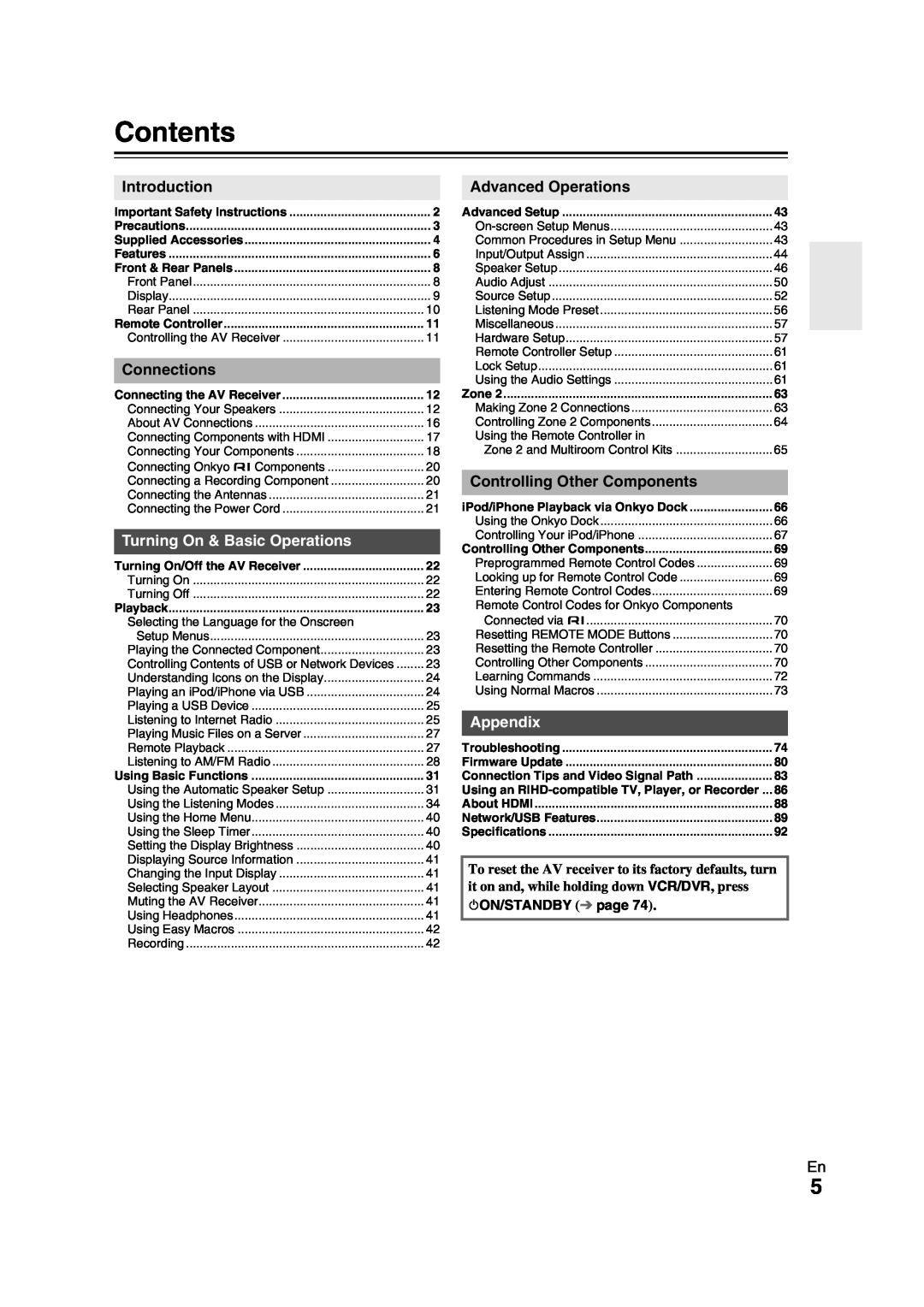 Onkyo TX-NR709 instruction manual Contents, Turning On & Basic Operations, Appendix, 8ON/STANDBY page 
