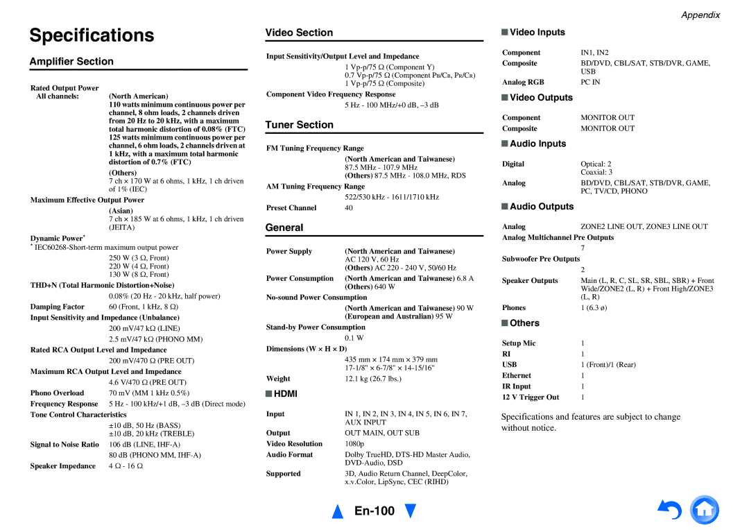 Onkyo TX-NR717 instruction manual Specifications, En-100 