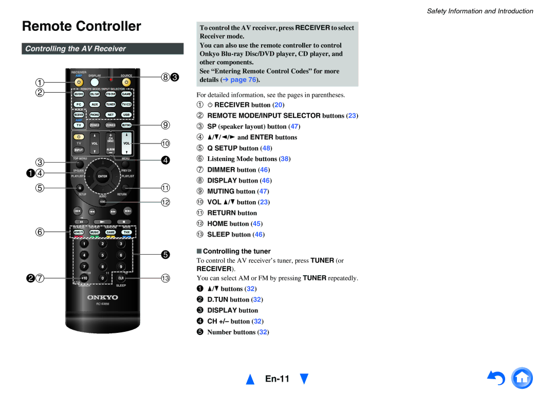 Onkyo TX-NR717 Remote Controller, En-11, Controlling the AV Receiver, Controlling the tuner, Display button 